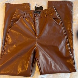 faux leather chocolate brown trousers